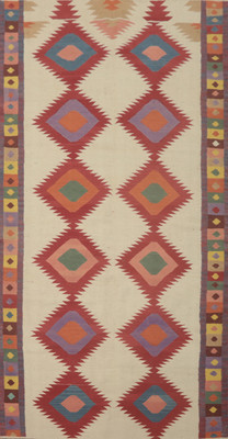 Flat Weave Beige / Multi-Color Kilim Area Rug 6x12 Reversible Geometric Carpet