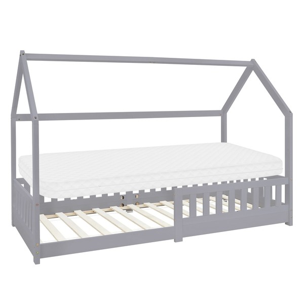 Kinderbett+Matratze Hausbett Bettgestell Rausfallschutz Grau 90X200 Cm Holzbett-image