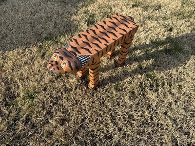 VTG Carved Folk Art Tiger Cat Hand Painted Bench Wood Table Plant Stand 22 