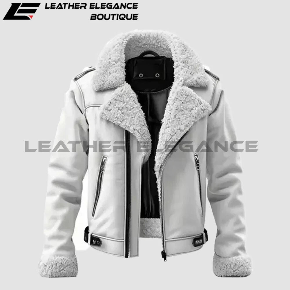 Men's White Bomber Faux Fur Shearling Leather Jacket in Real Sheepskin