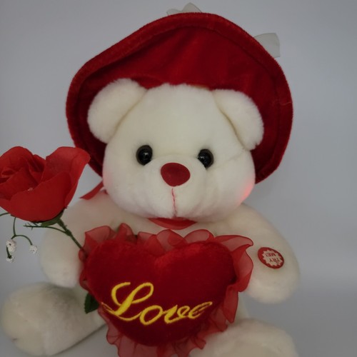 I LOVE YOU 12" White Plush Bear Red Hat Rose Valentine - Song and Lights READ - Picture 2 of 8
