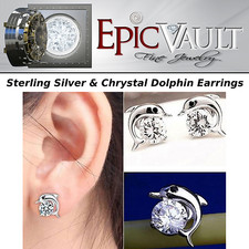 EPIC FASHION- Sterling Silver Dolphin Crystal Stud Earrings