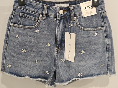 Khaki + Blue Juniors Denim Shorts Daisy Embroidered High Rise Size 3 NWT