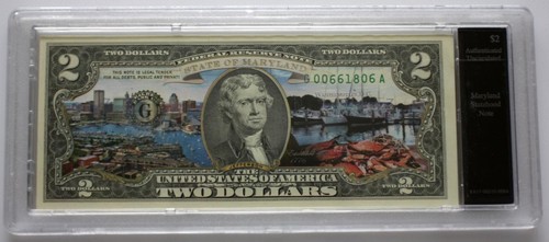 MARYLAND STATE - U.S COLORIZED $2 BANK NOTE AUTHENTICATED UNCIRCULATED BILL - Picture 2 of 4