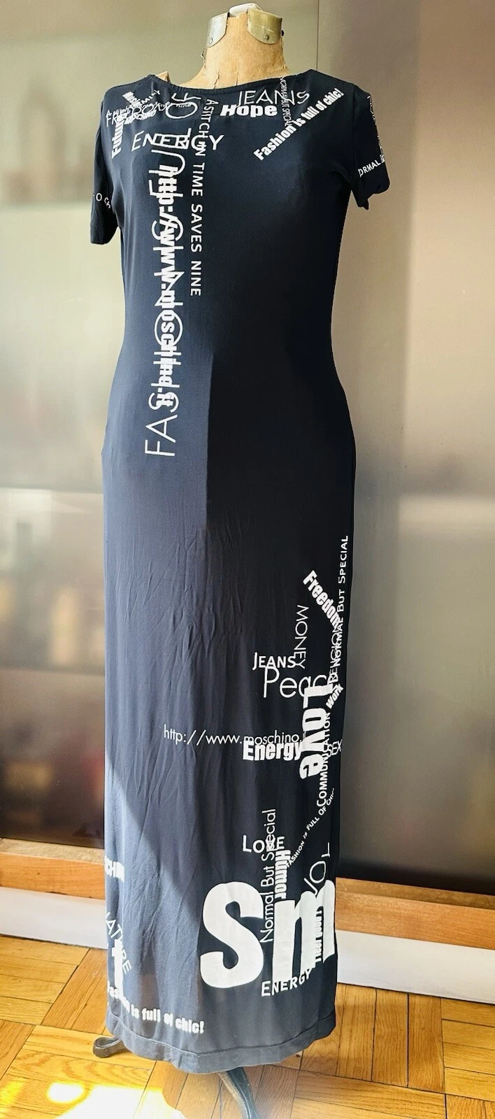 Raro abito lungo moschino vintage bianco nero da collezione con slogan. pop art 46 12 L