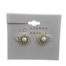 LC Lauren Conrad Women's Delicate Gold Plated Blue Rhinestone Stud Earrings NWT