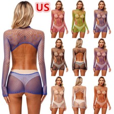 Women Sexy See Through Fishnet Mini Dress Shiny Lingerie Strapless Tube Dress