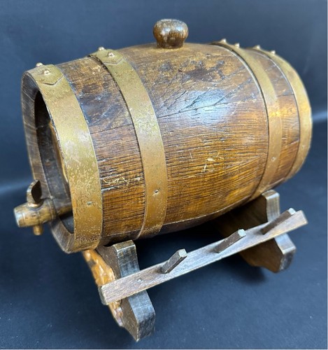 Vintage Antique Oak Wine Cask Replica with Stand