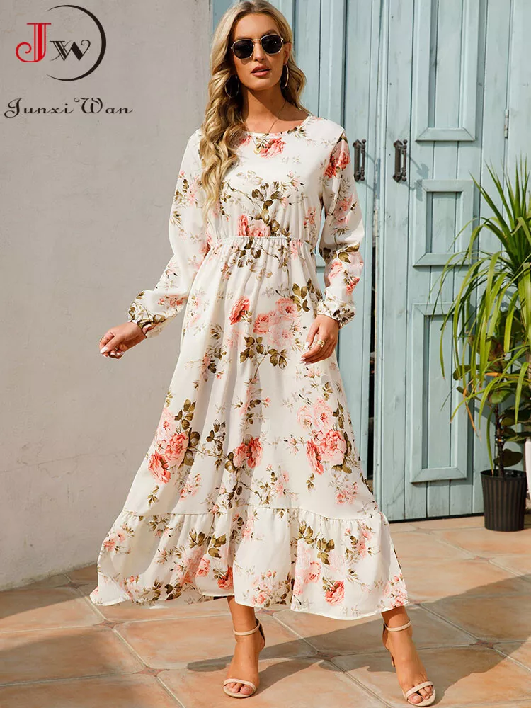 Casual long sleeve floral maxi dress cheap