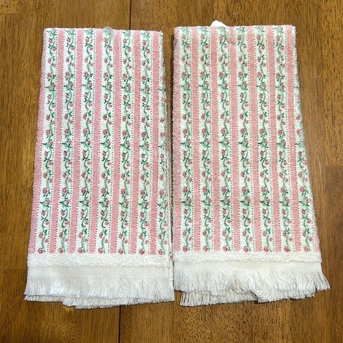 VTG Kitchen Bath Hand TOWELS (2) Charles Craft Pink Rose Stripe Cross Stitch (B) - Picture 2 of 4