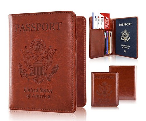 Funda protectora delgada de cuero para pasaporte de viaje con soporte billetera RFID bloqueo para tarjeta de identificación EE. UU. - Imagen 9 de 11