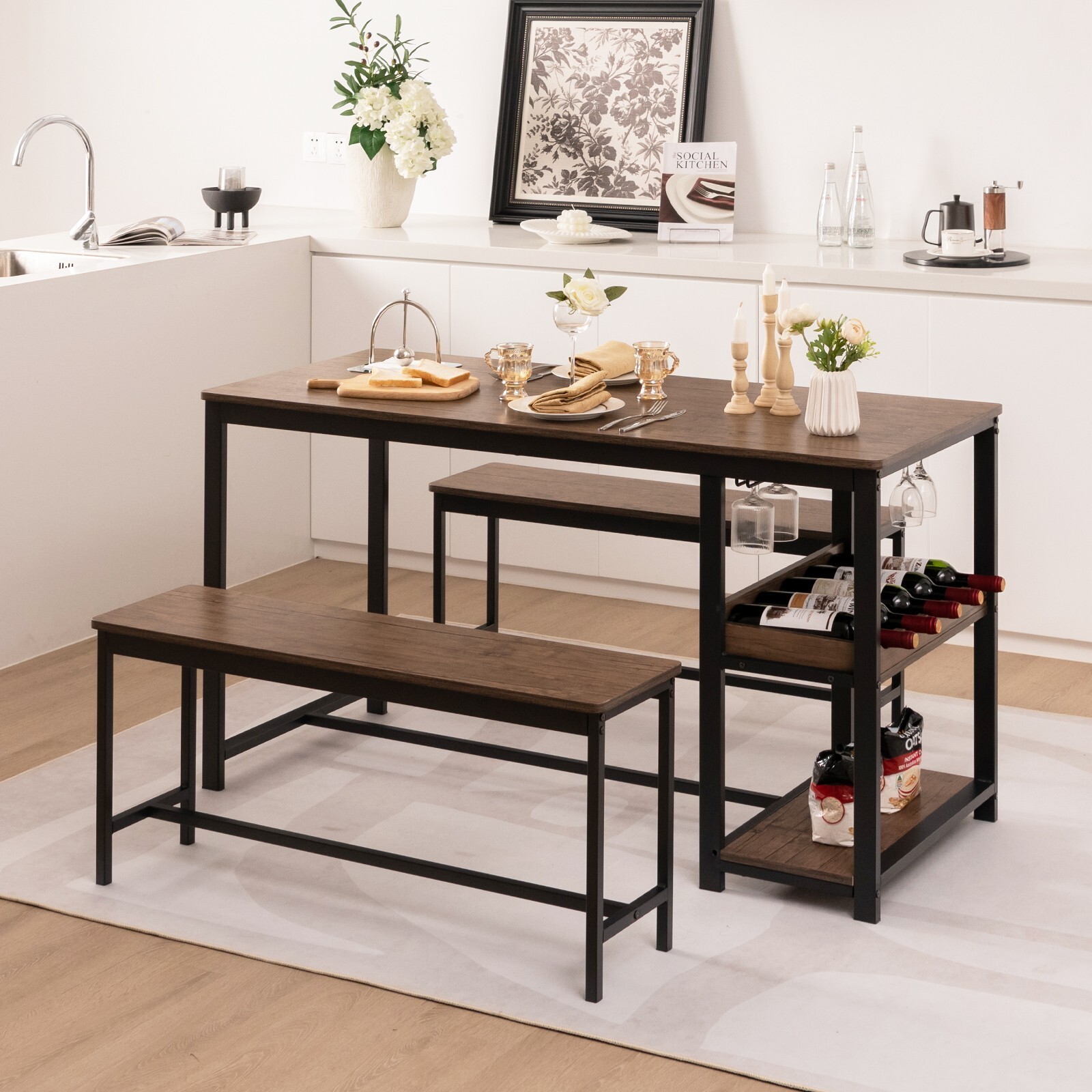 3 PCS Dining Table Set Kitchen Table & 2 Benchs w/ Storage Shelves Space-Saving