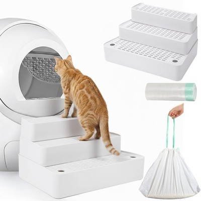 Adjustable 3 Steps Litter Box Ramp with 20 Waste Bags Pet Steps for Cats with...