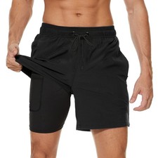Mens Swim Trunks with Compression Liner 2 in 1 Beach Swimming Trunks Quick Dr...