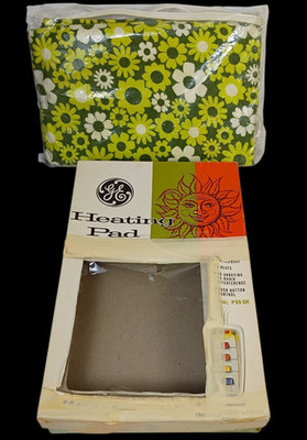 Vtg GE General Electric Automatic Heating Pad Flower Power Green Daisy WORKS