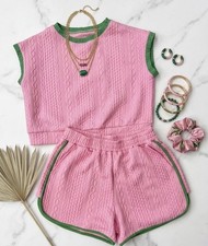 Preppy Pink  Emerald Cable Knit Set  Size XL