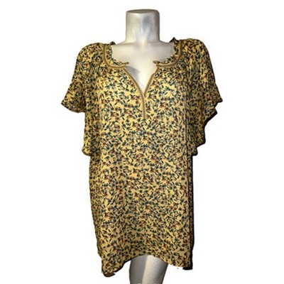 New Max Studio Womens 3X Yellow Floral Flutter Sleeve Split Neck Blouse 1W04D36