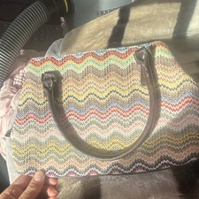 Multicolour Chevron Knit Top Handle Bag, Brown Faux Leather Handles, Studs