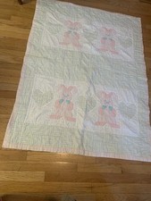 Vintage 70 s Large 53x40 Baby Quilt Blanket With 4 Panels Of Bunnies- Pink Trim