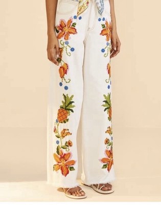 Farm Rio Straight Leg High-Waist Embroidered Pants SZ M NWT