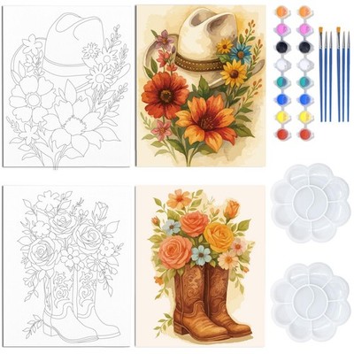 2 Pack Pre Drawn Stretched Canvas Kit for Adult Painting Flower Paint and Sip...