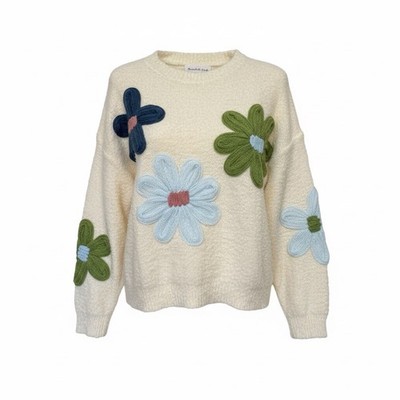 Threaded Leaf Women s Pullover Sweater Large Flowers Pale Yellow Long Sleeve Med