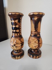 Hand Crafted Solid Wood Vase Set of 2 Floral/Leaf Pattern Design 10.1/4" Tall