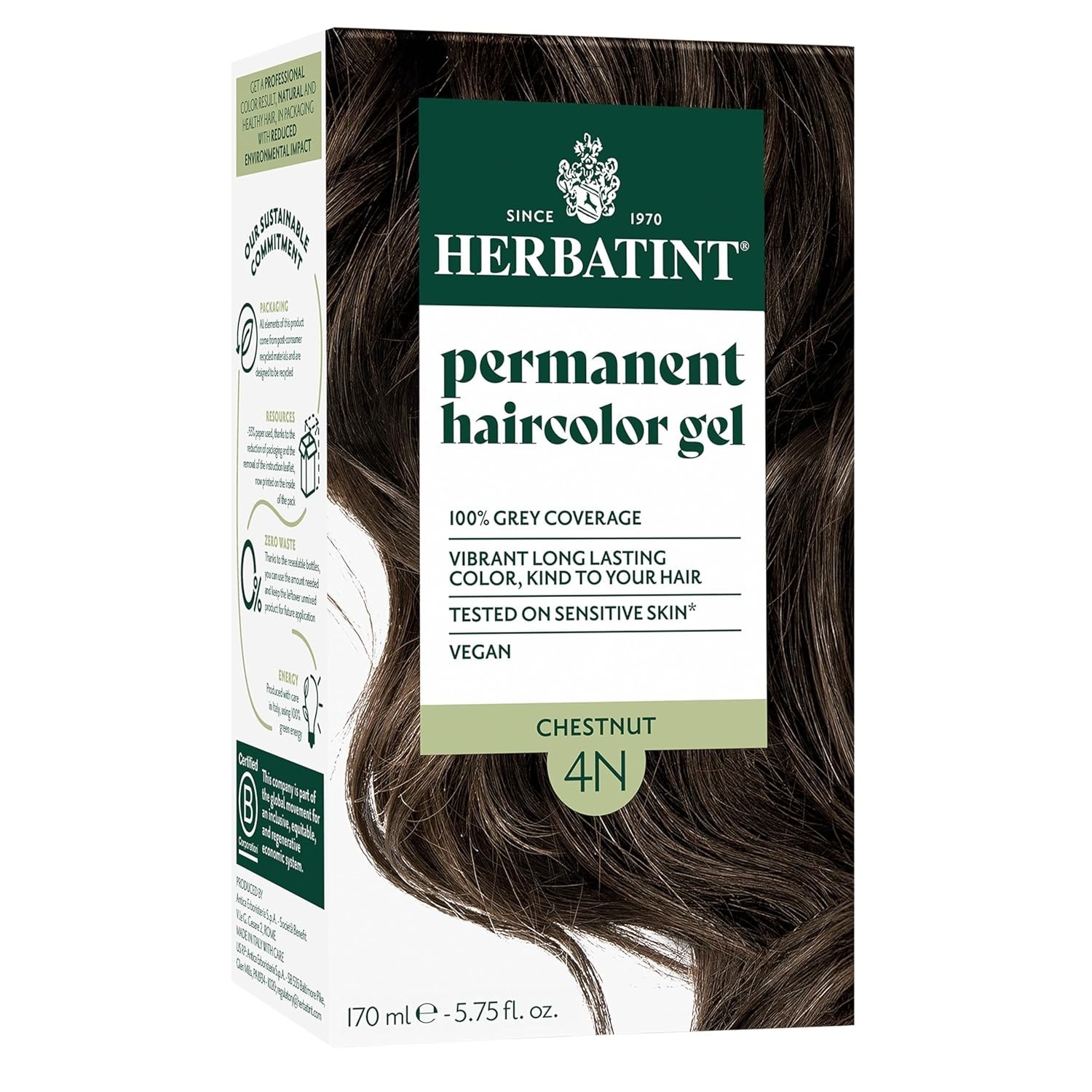 Herbatint Permanent Hair Dye For Women - 4N Chestnut - For Up To 100% Gray Cover