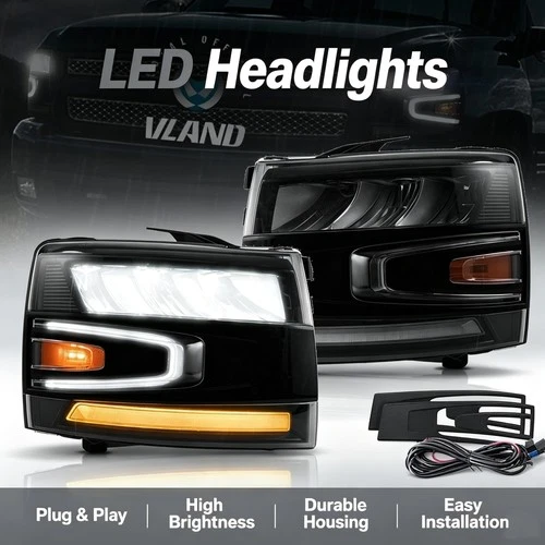 VLAND Headlights Black Housing For 2007-2013 Silverado 1500 2500HD 3500HD  LH+RH