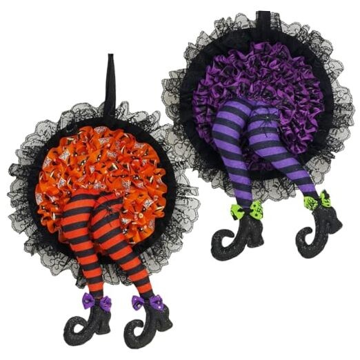 Spooky Witch Leg Wreath 16in Halloween Door Decor 2-Pack