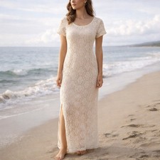 Vintage 90’s Newport News Ivory Crochet Lace Maxi Dress 8 Coastal Cottagecore