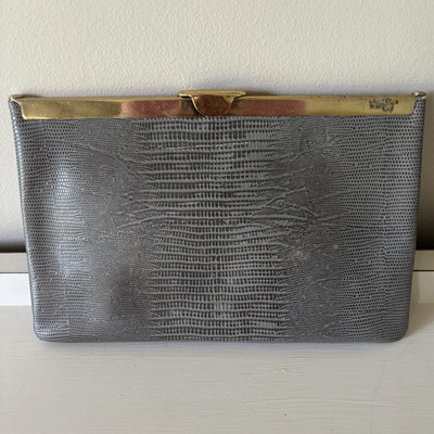 Etro Gray Animal Print Clutch w/ Kiss Lock, Gold Frame & Chain Strap, Lined