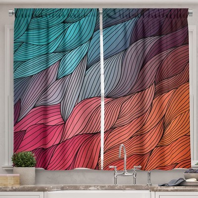 Colorful Kitchen Curtains, Hand Drawn Waves Texture Curly Conceptual Fur Feat...