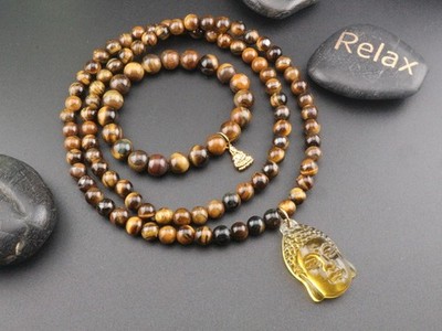GJ69 SPIRITUELL GEBETS KETTE 8/10mm TIGERAUGE BUDDHA KOPF Glas Armband -SET