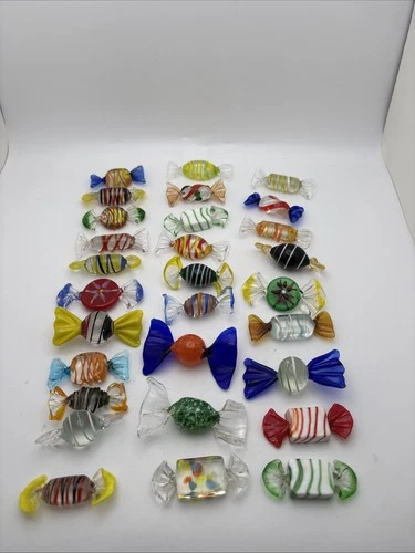 Lot Of 29 Vintage Murano Style Hand Blown Art Glass Multicolored Candy Pieces