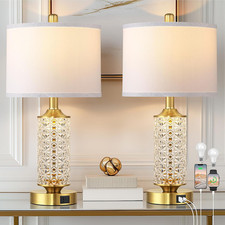 Set of 2 Table Lamps with USB A C Ports, Modern Bedside Lamp with LED Night Ligh