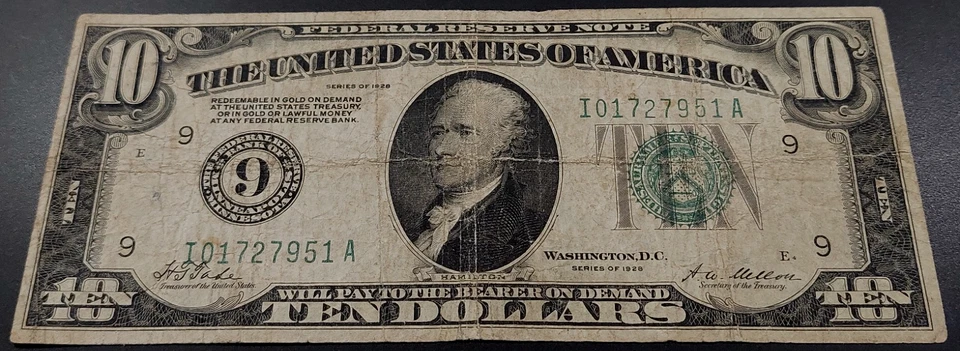 1928 $10 Federal Reserve Note "Big 9" Minneapolis! Gold Clause! Fr# 2000 I. - Image 2 of 4