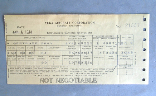 WWII Vega Aircraft Corp Employee's Earning Statement