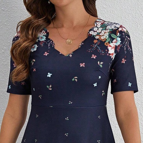 Damen Kurzarm A-Linie-Kleid Blumen Sommerkleid Partykleid V-Neck Midikleid Reise - Bild 7 von 18