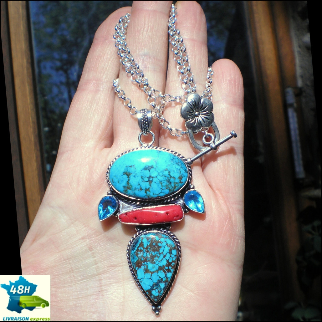 Collier turquoise anti-allergie avec chaine jaseron robuste argent 925