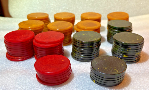132 Bakelite Catalin Poker Chip Set Red, Green & Yellow Butterscotch