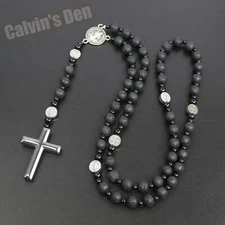 St Benedict Lava Stone Black Onyx Black Hematite Cross Rosary Necklace Men Gift