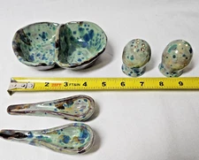 Studio Art Pottery Condiment Set Salt Pepper Divided Bowl & Spoons Mottled Blues