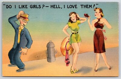 ''Do I Like Girls? Hell, I Love Them ! Man Anf Two Young Girls Comic Postcard