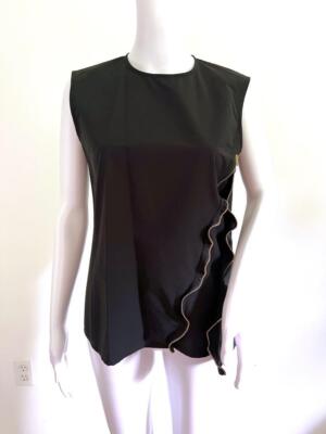 CELINE Black Cotton Blend Poplin Gold Zip Accent Rear Snap Blouse 
