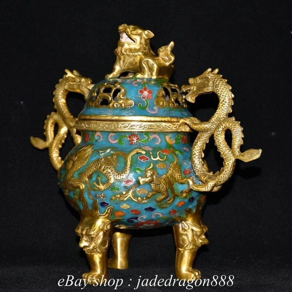 10" QianLong Marked China Copper Cloisonn Dragon Lion Sculpture Incense Censer - Image 3 of 4