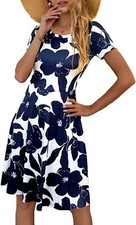 HUHOT Basic Dress Size S Stretchy A-Line Short Sleeves Floral Navy White