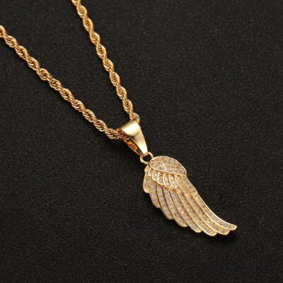 Mens Womens Gold CZ Angel Wing Pendant Necklace Punk Rock