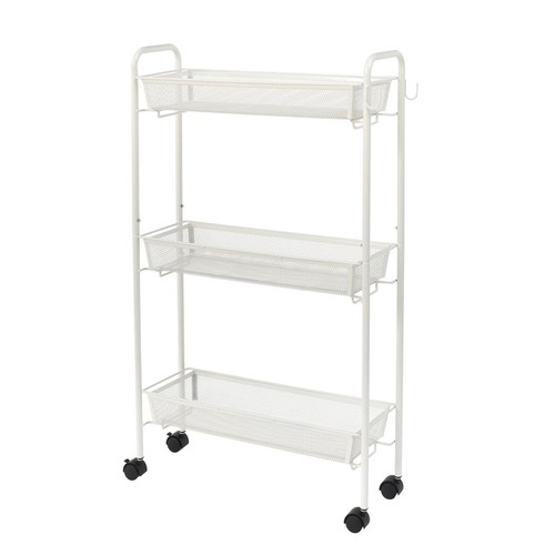 Slim 3-Shelf Rolling Bathroom Organization Cart with 2 Hooks Wheels Organizer