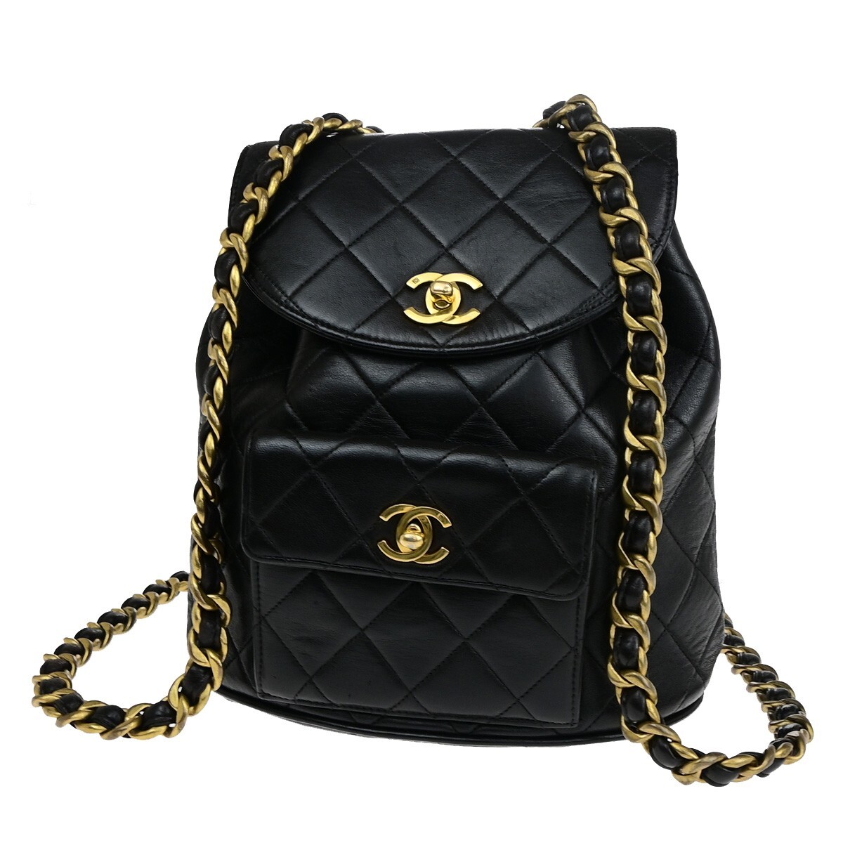 CHANEL CC Logo Matelasse Chain Backpack Bag Leather Black CHANEL CC Logo Matelasse Chain Backpack Bag Leather Black